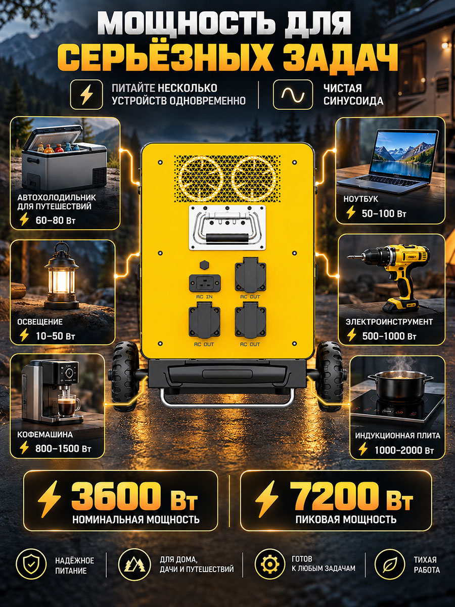 The energy storage power supply is in the center, and the six power consumption scene cards on the left and right show car refrigerators, lighting, coffee machines, notebooks, power tools and induction cookers.