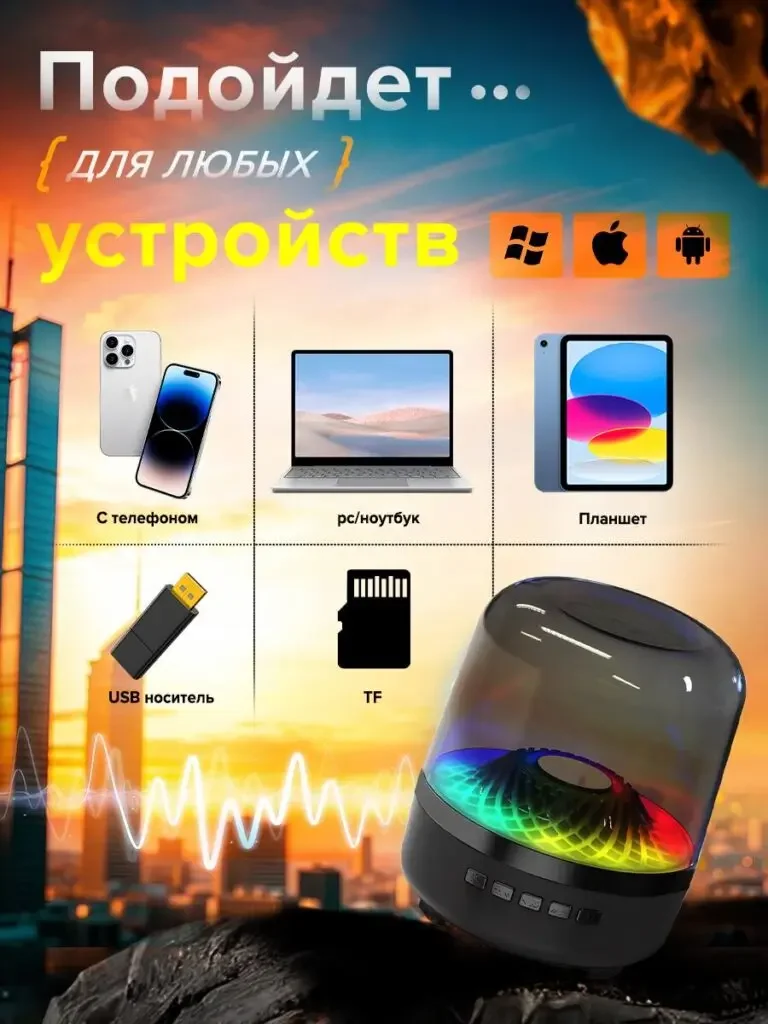 Transparent cover RGB Bluetooth speaker Russian product picture: mobile phone, computer, tablet, USB and TF are arranged respectively, the speaker is kept below, and the system logo is used as an auxiliary.