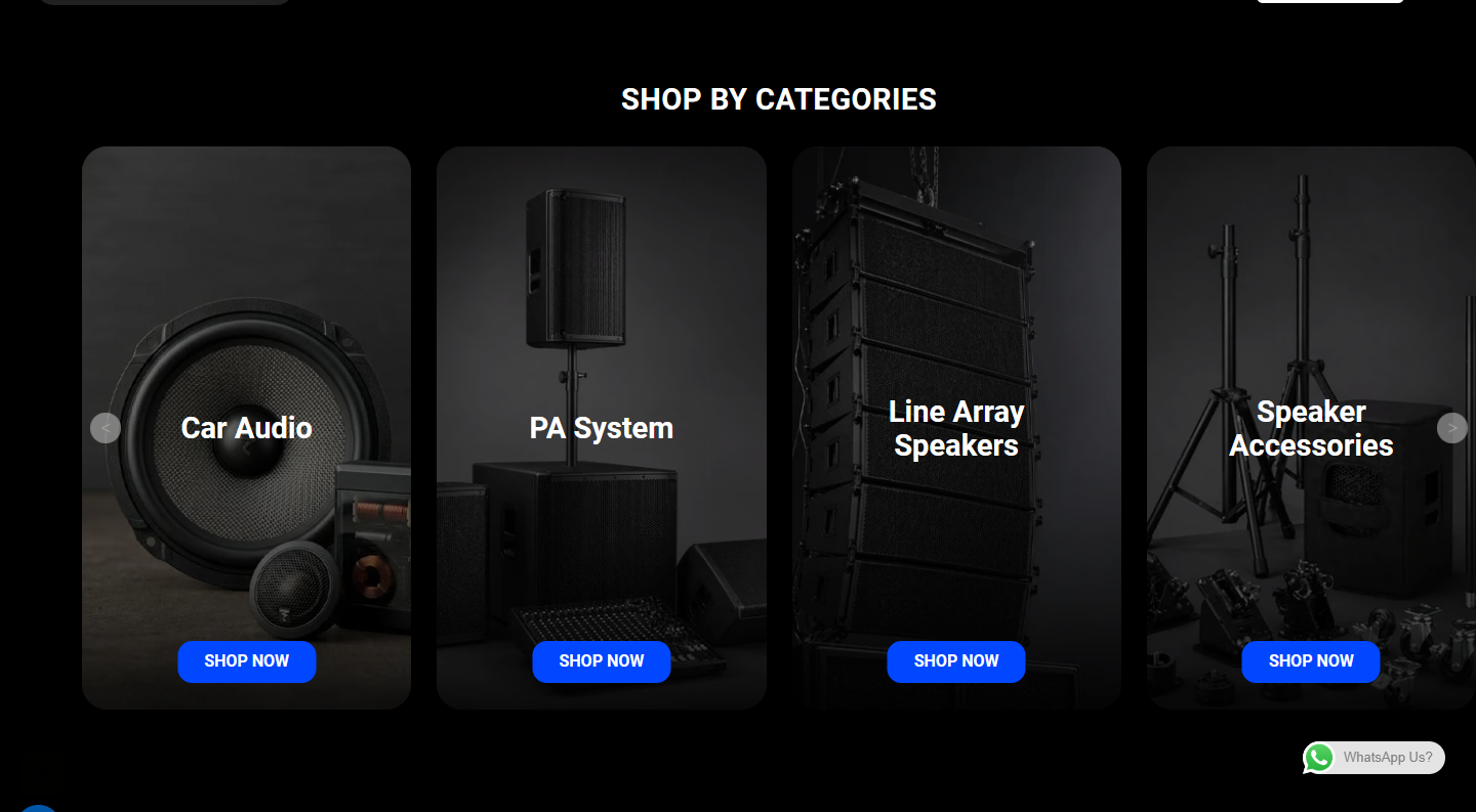 The product classification module on the Phonix Audio homepage uses picture cards to display entrances such as Car Audio, PA System and Line Array Speakers.
