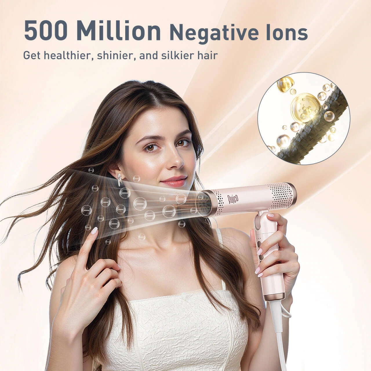 Folding hair dryer product image: close-up: transition from characters to local details