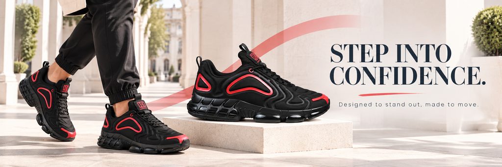 SHEIN Shoe Store Poster Design-Black and Red Sports Shoes Poster: Use strong product features to create a sense of power