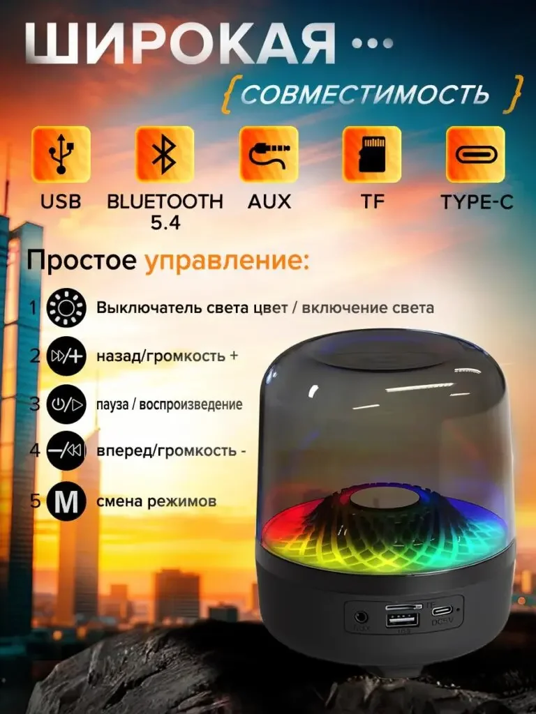 Product picture of the Russian product of the RGB Bluetooth speaker with a transparent cover: The five icons at the top organize the playback sources and interfaces, and the numbers below correspond to the control functions. The entire machine exposes the ports and buttons.
