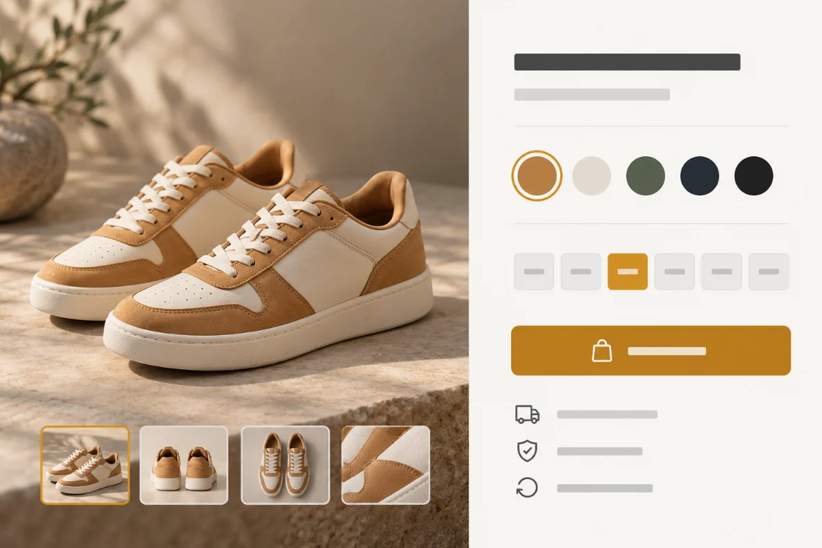 Product variant selection diagram, color and size options are adjacent to the corresponding product image and purchase button