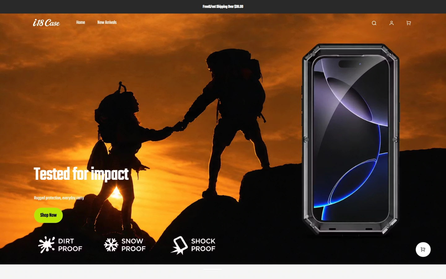 Home page above the fold: first establish the brand tone of the protective phone case