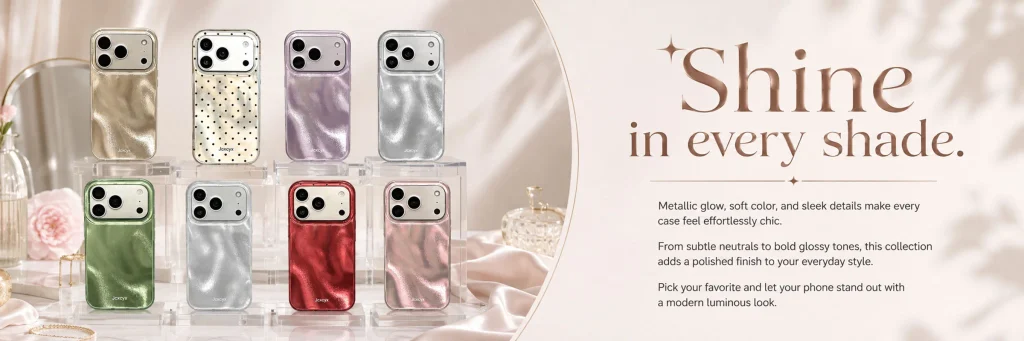 SHEIN mobile phone case store poster design-Eighth: Metal texture series uses display methods to enhance the sense of luxury