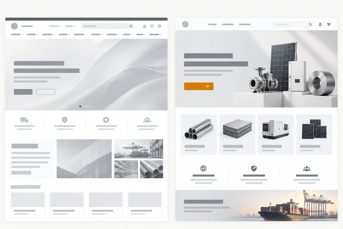 Comparison of the first screen wireframes of two foreign trade B2B homepages, with the product entrance and contact actions highlighted on the right side