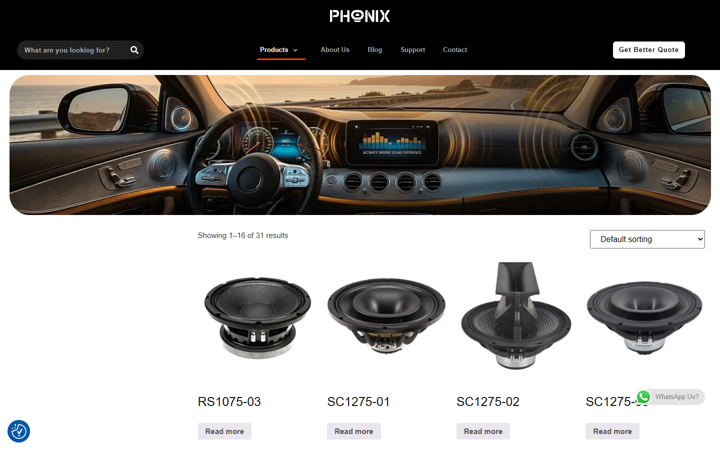 Phonix Audio product catalog page, regular grid displays speaker pictures, models and sorting entry
