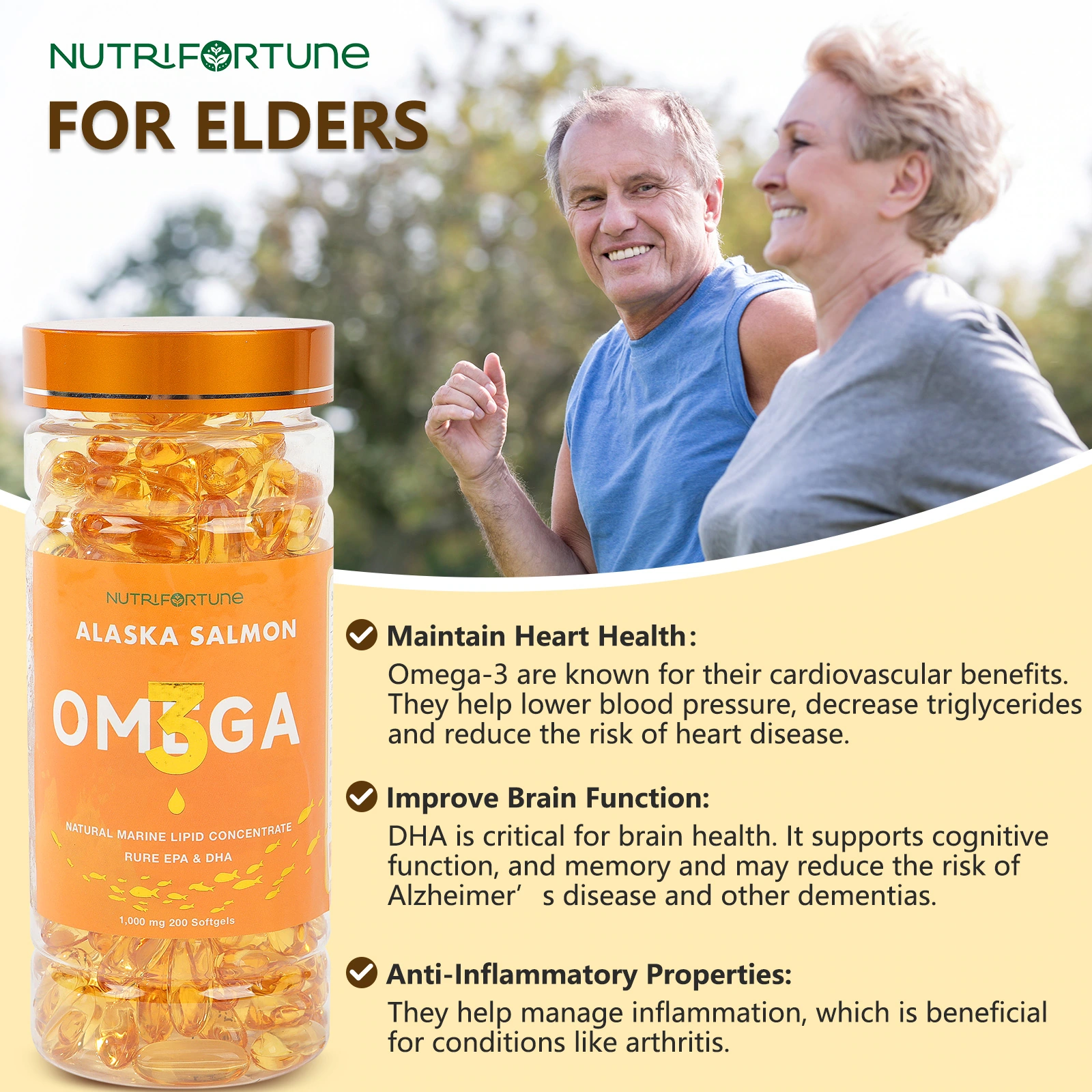 Fish oil nutritional supplement product picture: life situation: photo and three texts
