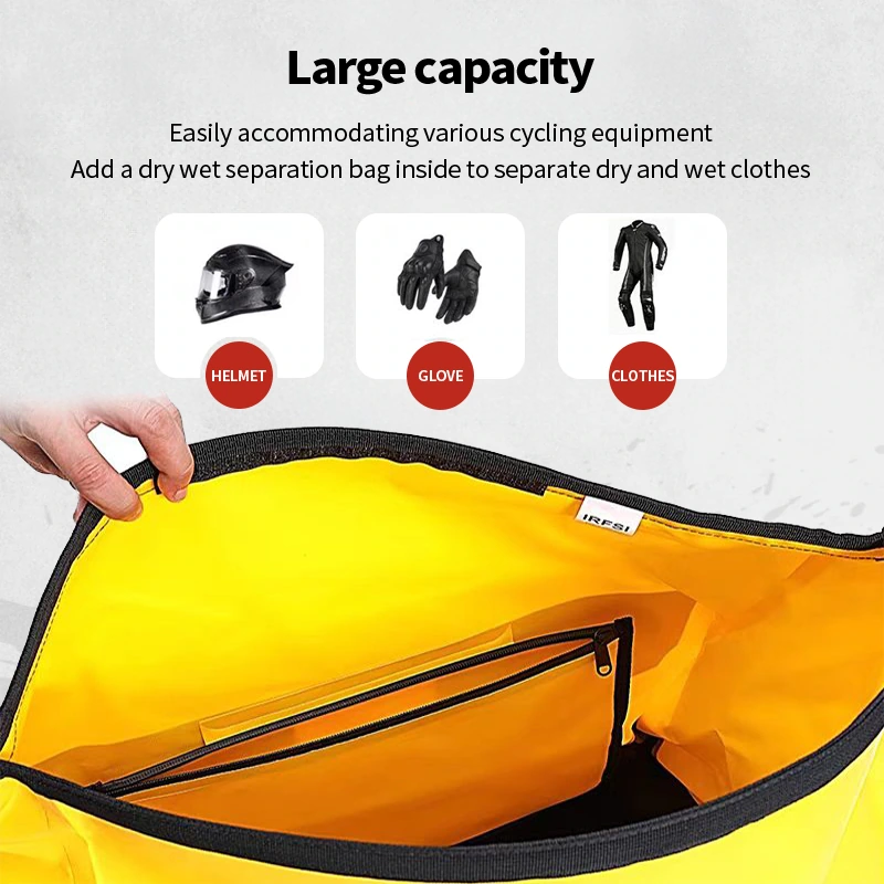 Product picture of motorcycle travel bag: Internal opening: Use hand movements to show the storage structure