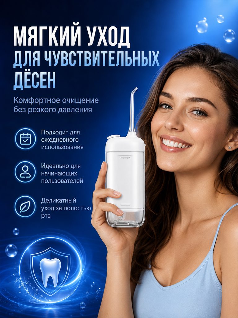 Product picture of the portable dental rinser in Russian: the character holding the product is placed on the right side of the screen, and the gentle care theme, function icons and dental shield symbol are arranged on the left side.