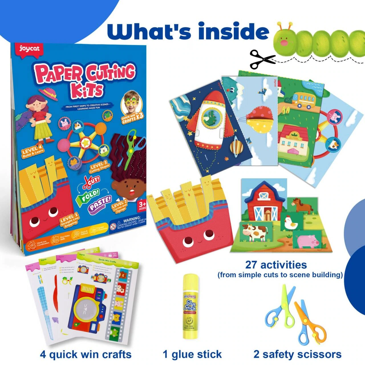Product picture of children's paper-cut handmade set: Overview of materials: packaging, paper cards and tools arranged separately