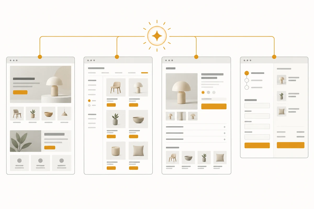 Conceptual illustration of Shopify Canvas cross-page visual workspace and Sidekick modification process