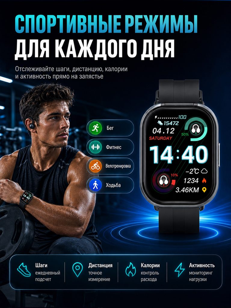 Russian product picture of the combination of ear clip headphones and smart watch: sports figures, watch interface and four mode labels are juxtaposed, and the bottom icon organizes steps, distance and other topics.
