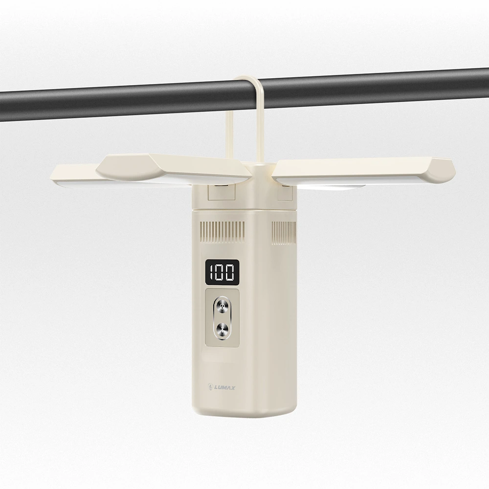 LUMAX folding camping light: unfolded state: structure explained with hanging position