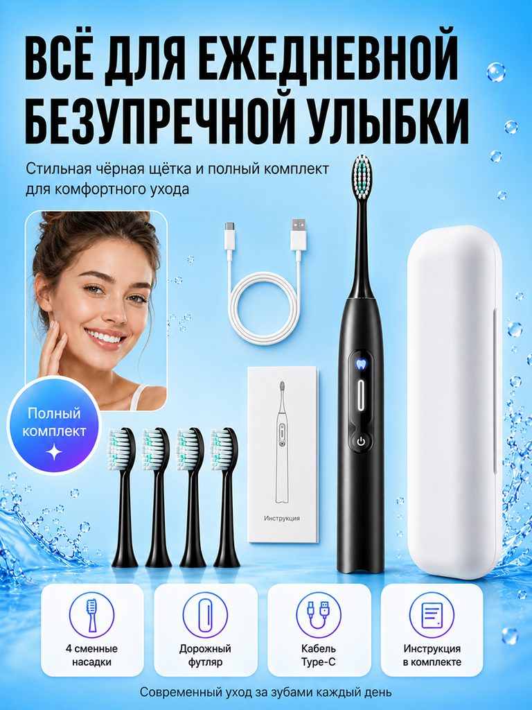Black display electric toothbrush product picture in Russian: toothbrush, storage box, four brush heads, Type-C cable and instructions are displayed separately, and the card at the bottom once again corresponds to the accessory category.