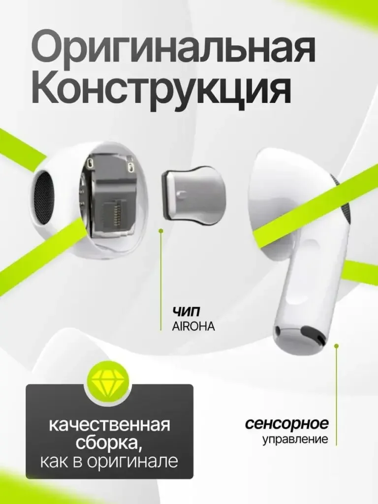 A. Product picture of Pods 3 Bluetooth headset in Russian: The headset is partially disassembled to show the internal theme, with thin lines connecting the chip and touch instructions, and the complete headset remains next to it.