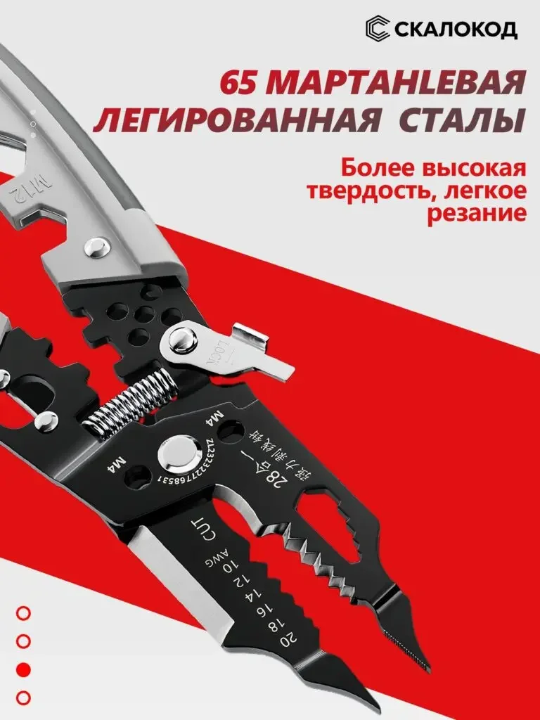 28-in-1 wire stripper Russian product image: Close-up of the jaws, rivets and springs occupy the screen, with text on 65 manganese alloy steel at the top.