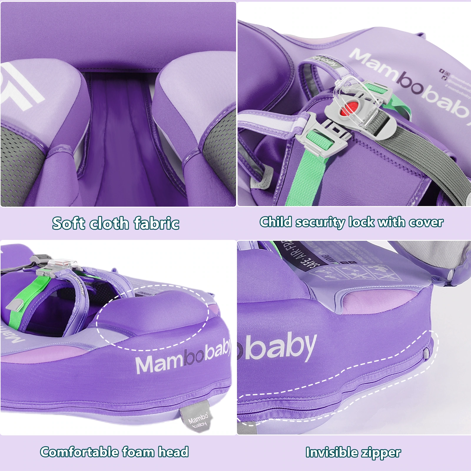 Product picture of baby swimming float: four grid details: unify the scale of fabrics and connectors