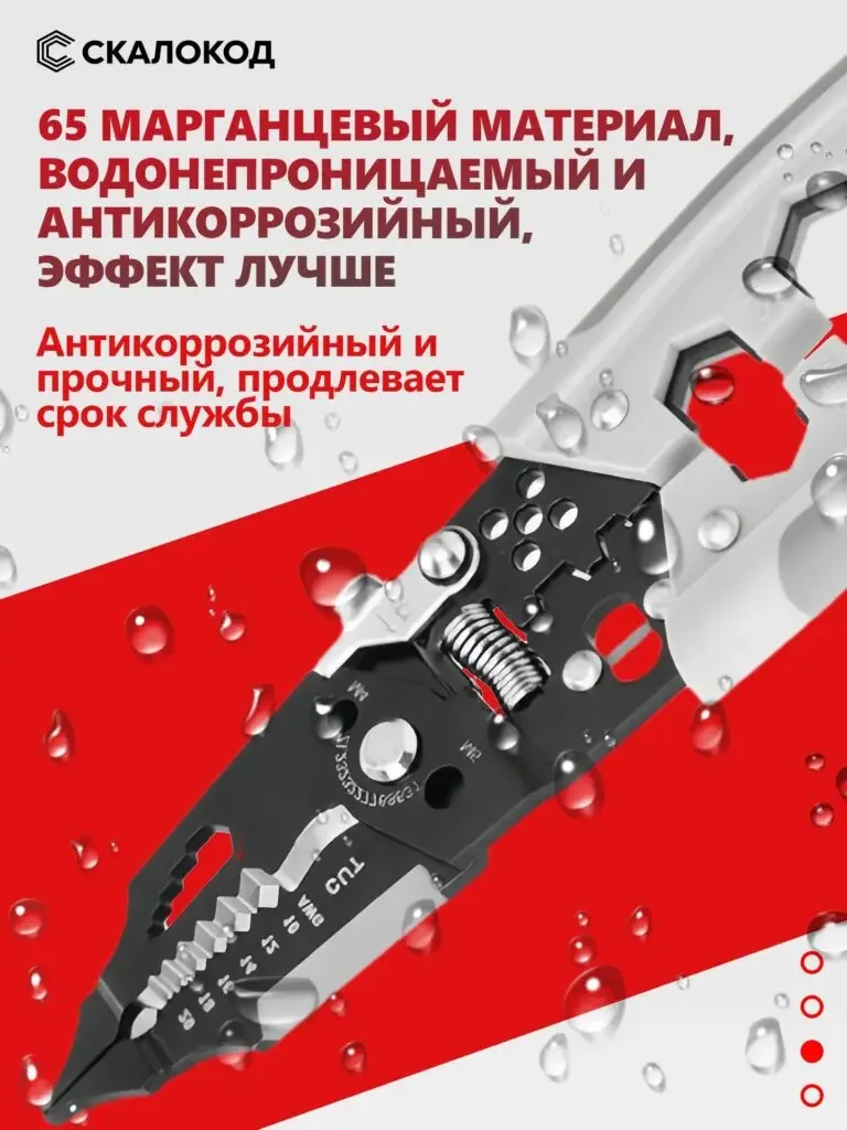 Product picture of 28-in-1 wire stripper in Russian: The silver and black tool is placed on a red and white background, with water droplets appearing on the surface, and anti-corrosion and other theme text concentrated on the top.