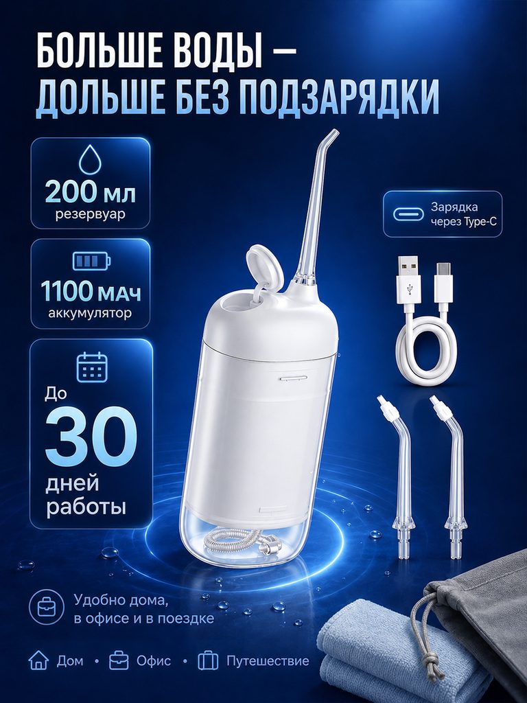 Product picture of the portable dental rinser in Russian: the left side is marked with 200ml, 1100mAh and battery life, and the right side shows the Type-C wire, nozzle and storage bag.