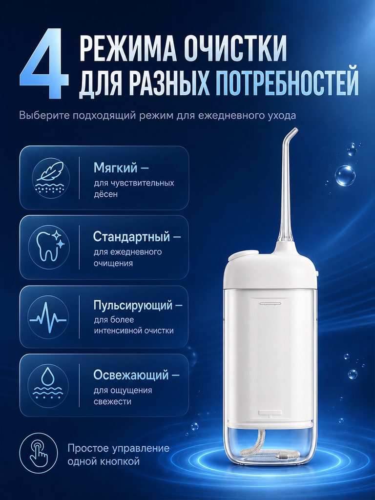 Picture of the Russian product of the portable dental rinser: large font size 4 and four vertical function cards occupy the left side, the main body of the product is placed on the right side, and single-button operation prompts are added at the bottom.