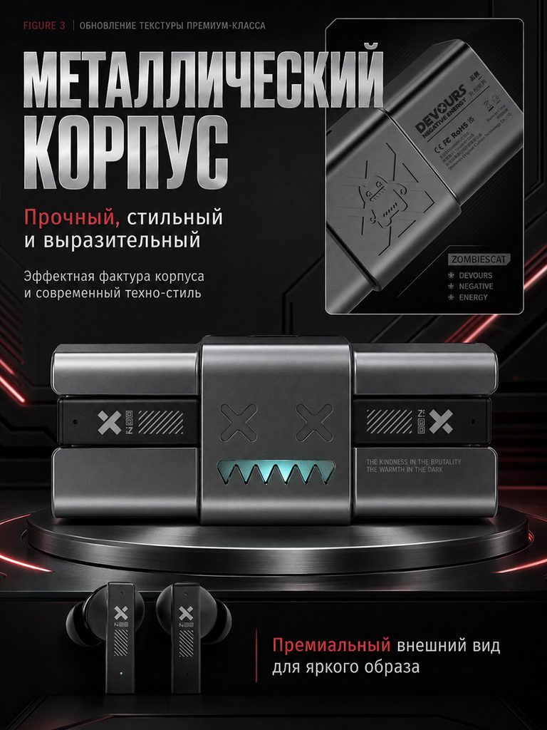 Product picture of the Russian product of the metal body noise-cancelling Bluetooth headset: the dark gray body is placed on the display stand, the texture and text on the shell are enlarged in the upper corner, and the headset is placed in the front to supplement the matching relationship.