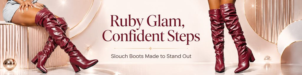 Temu women's shoe store poster design case - burgundy boots poster: use symmetrical composition to enhance the sense of luxury