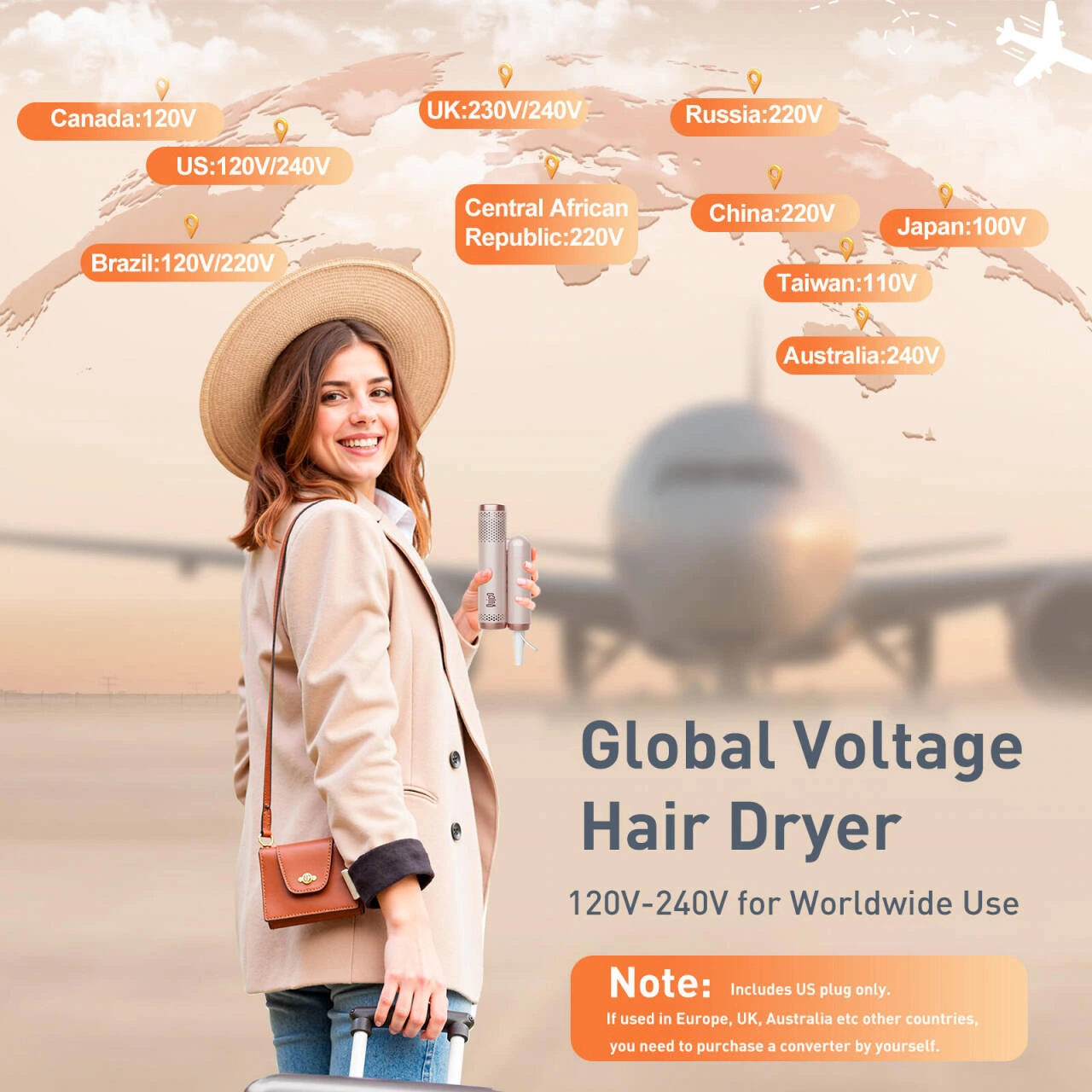 Folding hair dryer product picture: Travel theme: combination of characters, scenes and maps