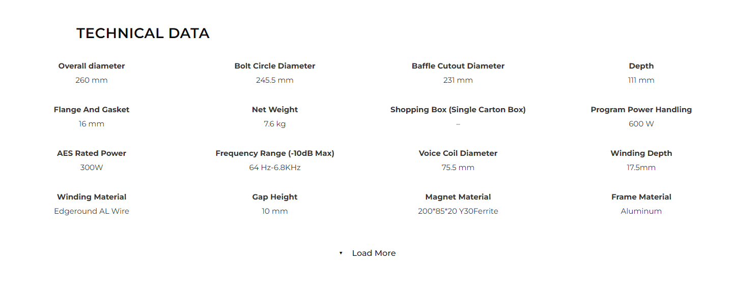 Product details Technical Data module displays size, power, frequency and structure information grouped by tags and values.