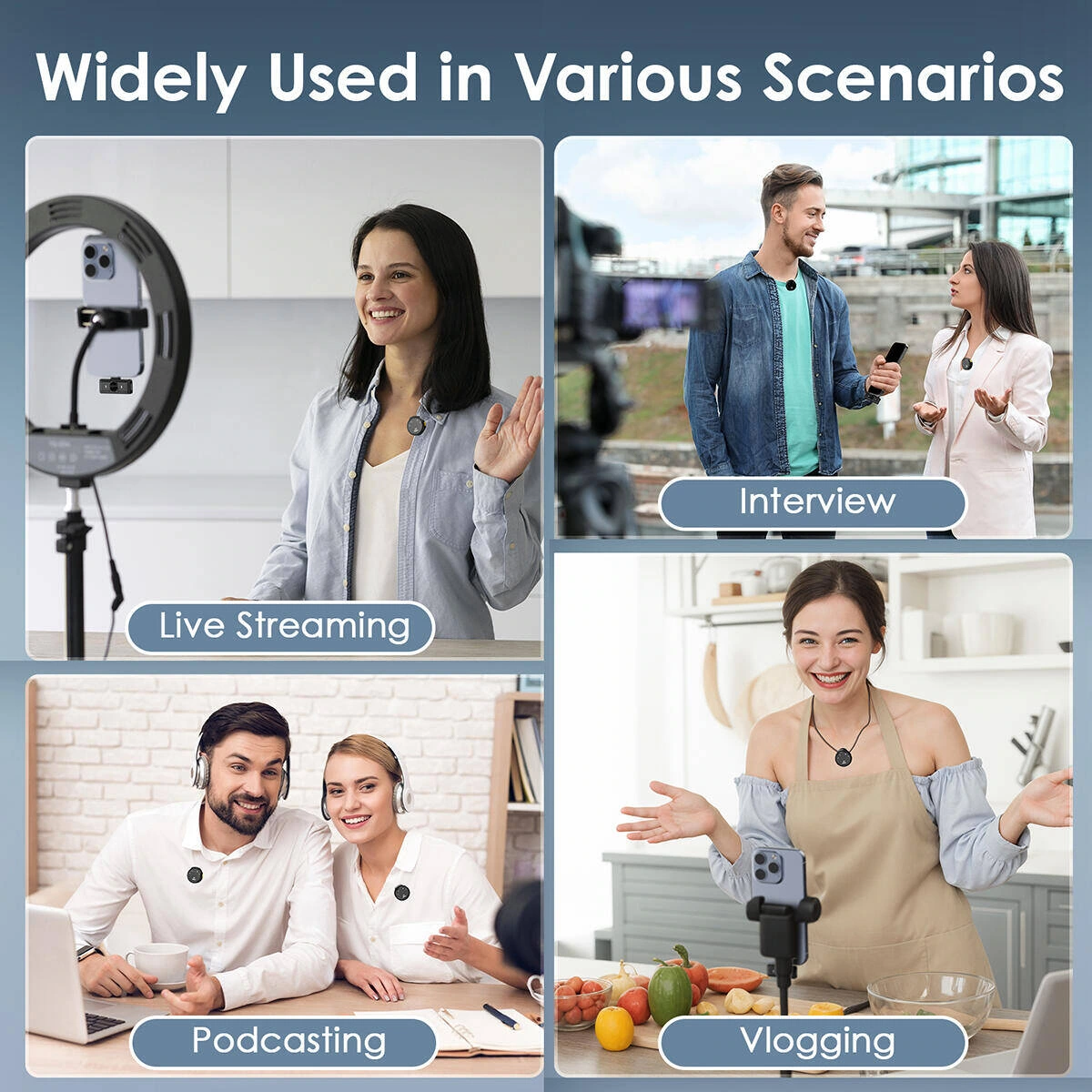 Product picture of round wireless lavalier microphone: four scenarios: unifying card borders