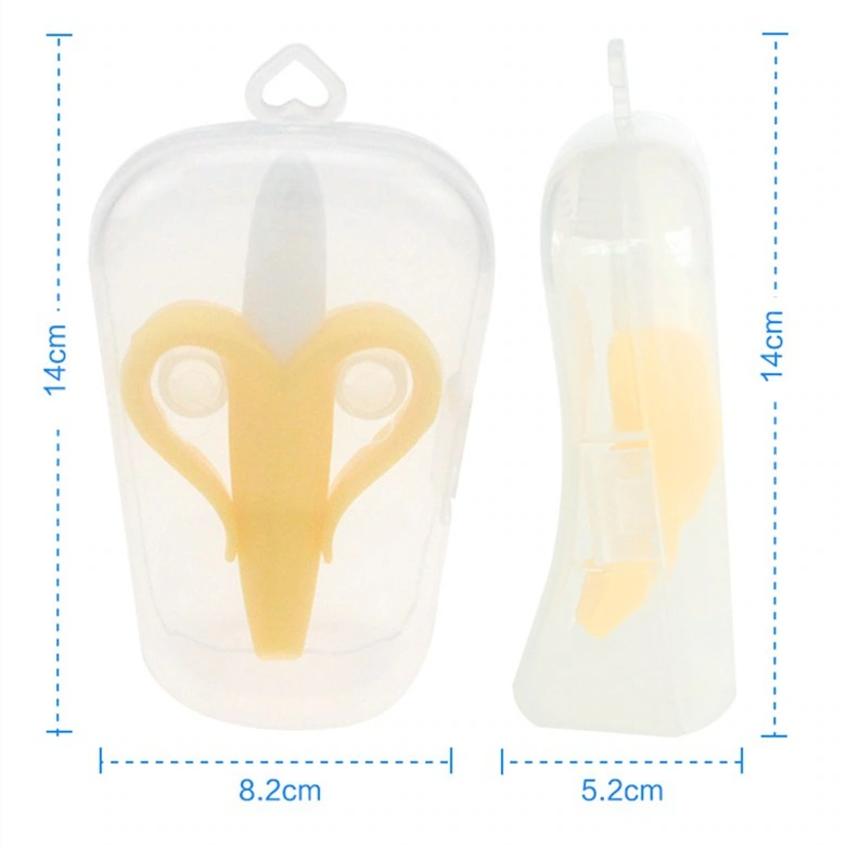 Banana shaped teether: storage size: two views from the front and side juxtaposed
