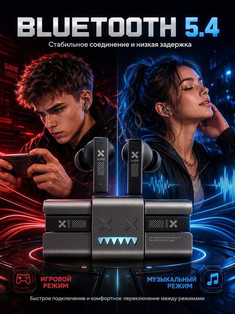 Product picture of the Russian product of the metal body noise-cancelling Bluetooth headset: the person on the left is operating the mobile phone, the person on the right is listening, blue and red correspond to games and music respectively, and Bluetooth 5.4 is displayed on the top.