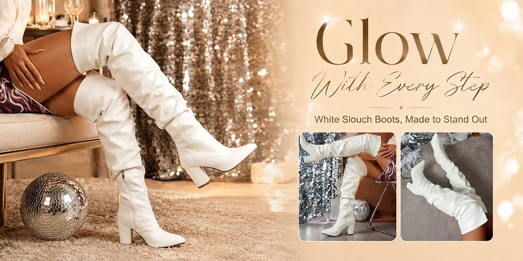 Temu women's shoe store poster design case - white boots poster: creating a party feel and visual memory point