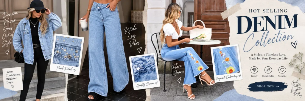 SHEIN women's clothing store poster design case-Sixth: Combining three different denim styles into a series of promotion pages
