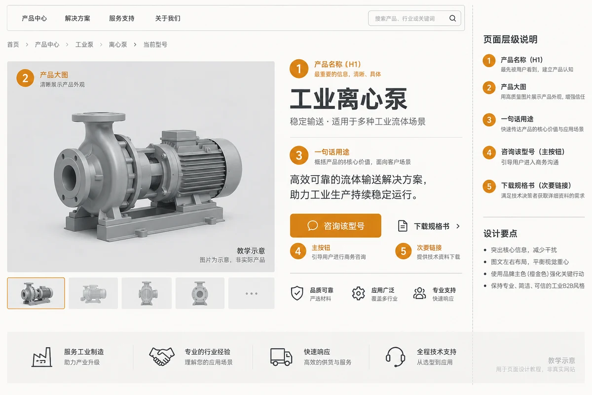 B2B product product detail page first screen wireframe, with product name, main product image, usage and consultation button marked in sequence.