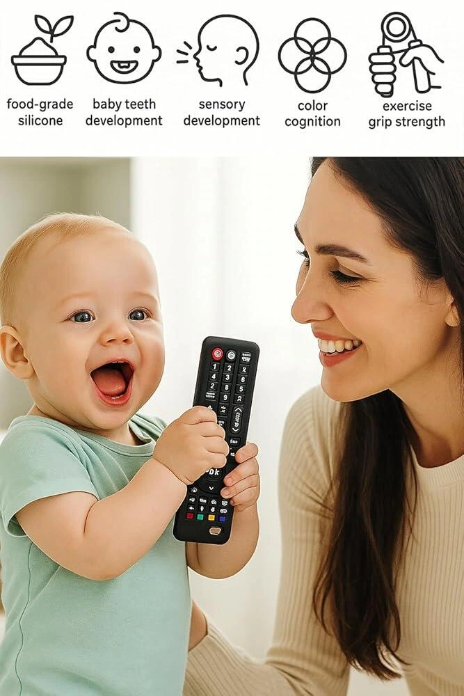 Remote control and mobile phone shaped teether: character scene: icon retreats to the upper index