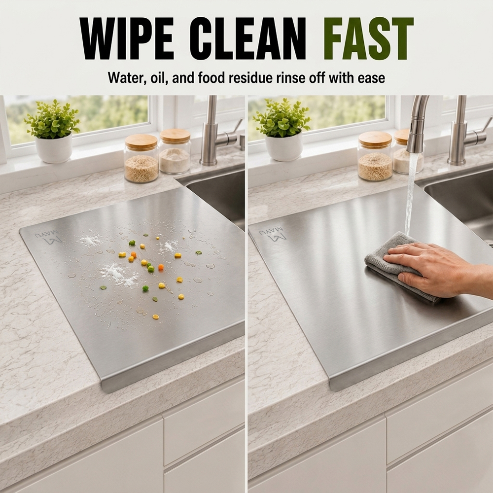 Temu stainless steel cutting board main product image design - using before and after comparison to show the easy cleaning characteristics