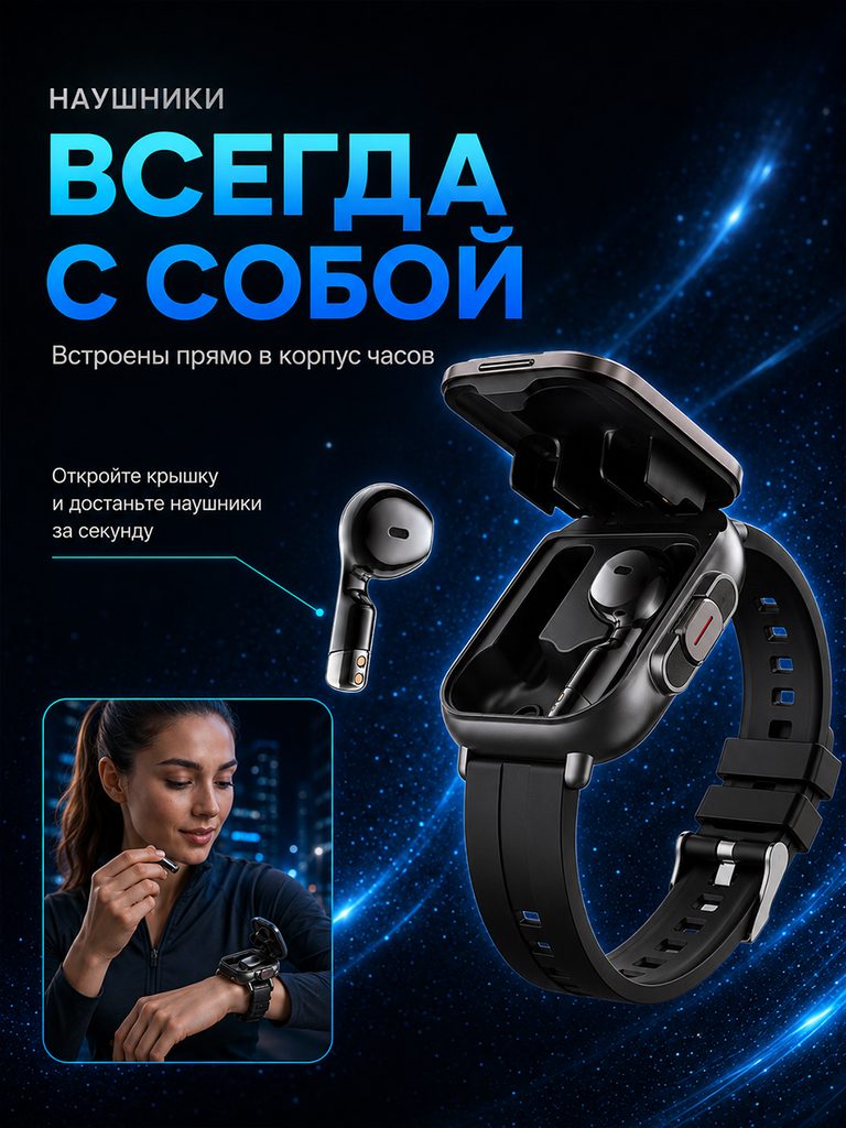 Product picture of the Russian product of the smart watch with built-in Bluetooth headset: the watch cover is opened, the position of the headset and the compartment are clearly visible, a thin line connects the body, and a small picture of the character's access is added in the corner.