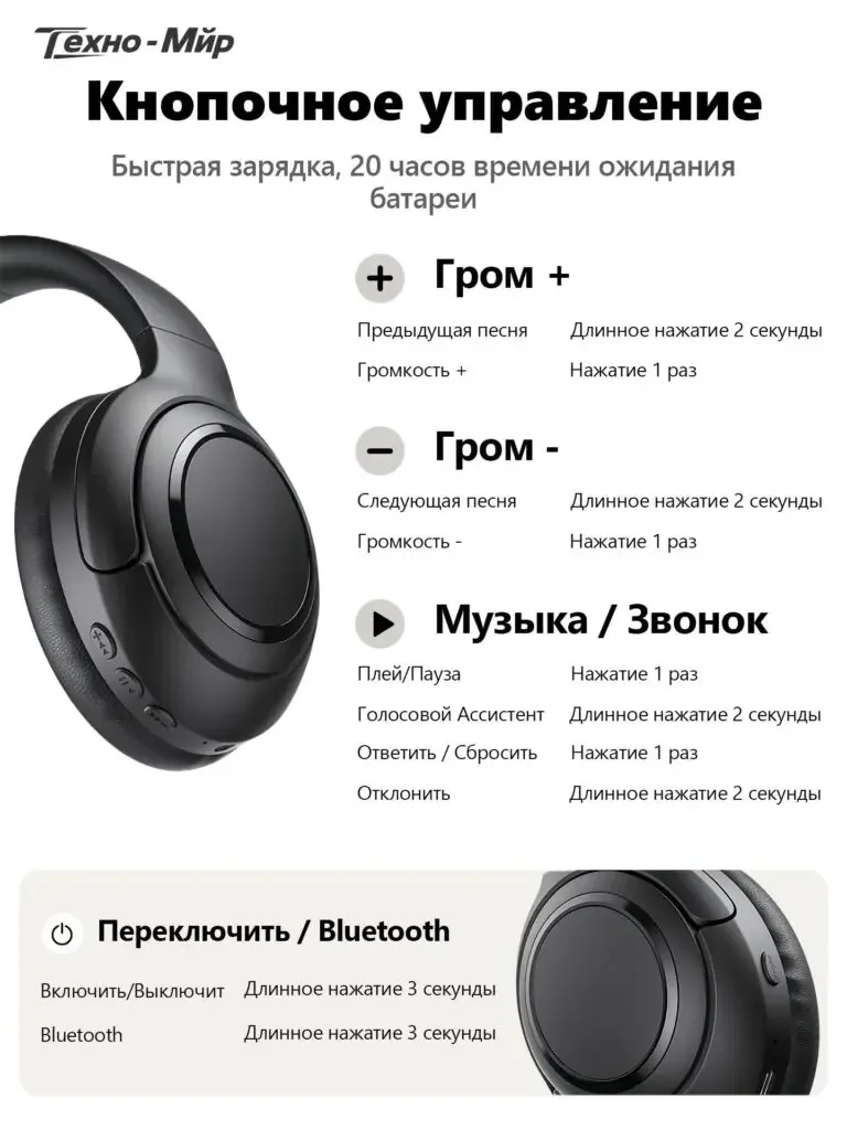 Product picture of the black Bluetooth headset in Russian: The headset is partially juxtaposed with instructions for adding, subtracting, playing, and powering. Short presses and long presses are divided into different lines of text.