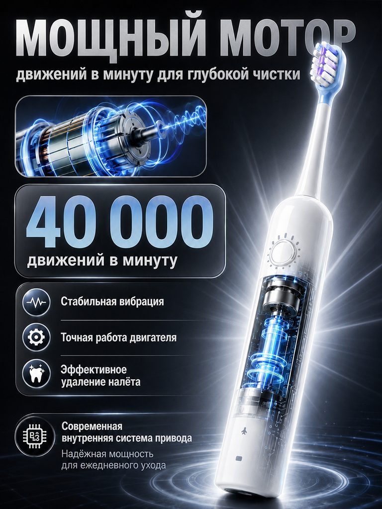 Product picture of the white electric toothbrush in Russian: The motor diagram and transparent body present the internal theme, and the large font size 40000 and function icons are placed in a separate information area.