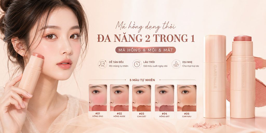 Shopee beauty product store poster design - explain the multi-functional blush stick through the left and right structure