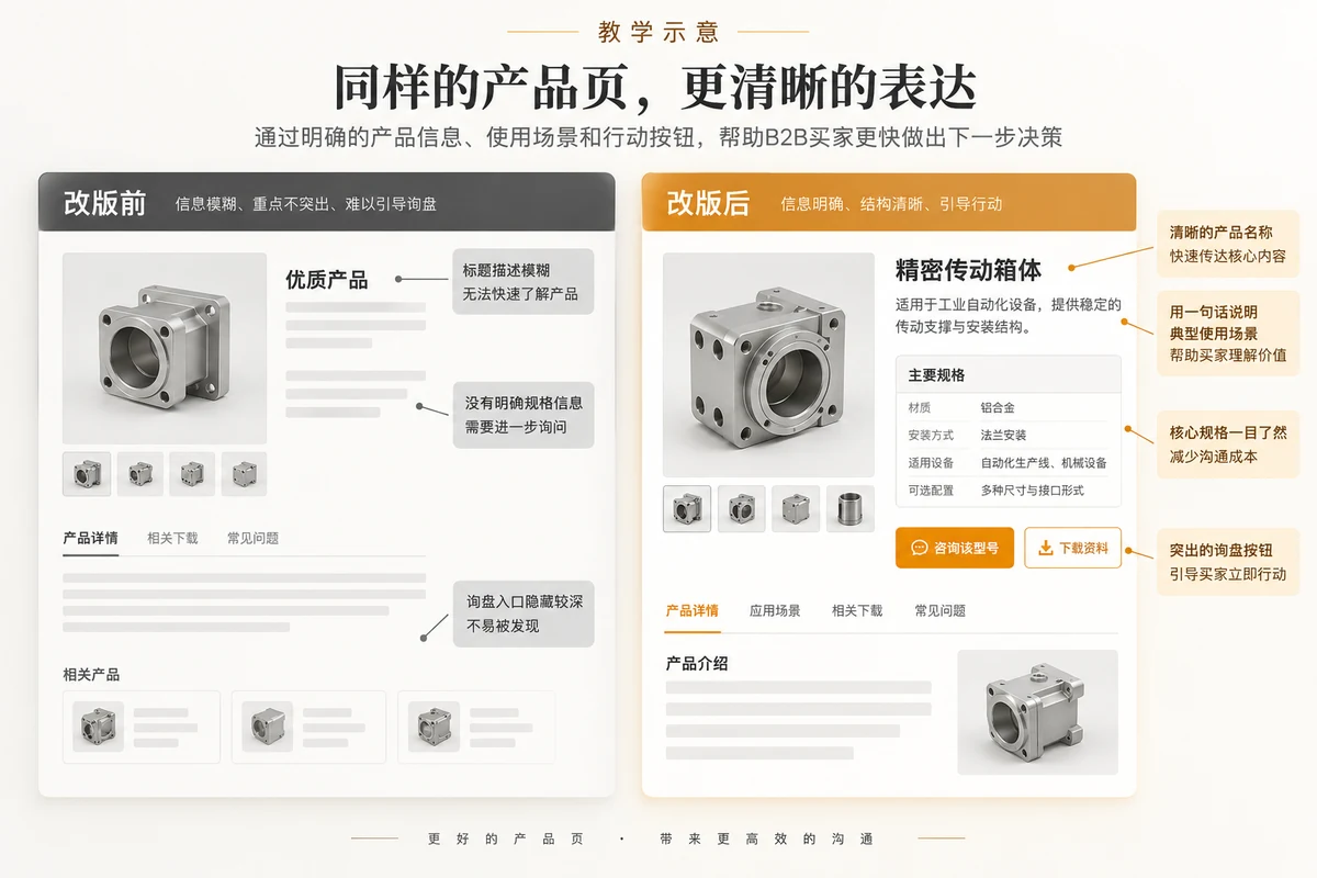 Teaching instructions before and after the revision of the B2B product page, with a relatively vague title and clear product information hierarchy