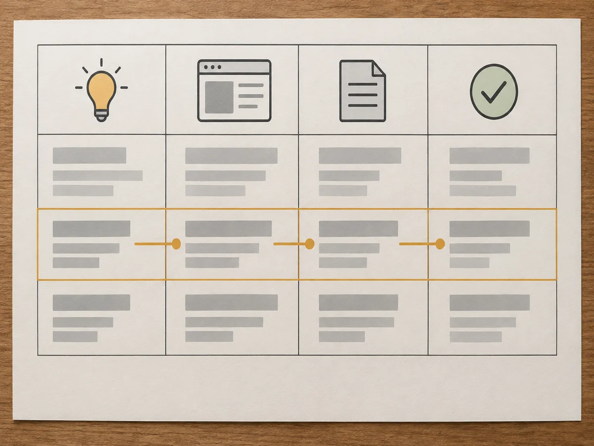 Four-column matrix of fictional project requirements, deliverable modules, visible evidence, and public licenses