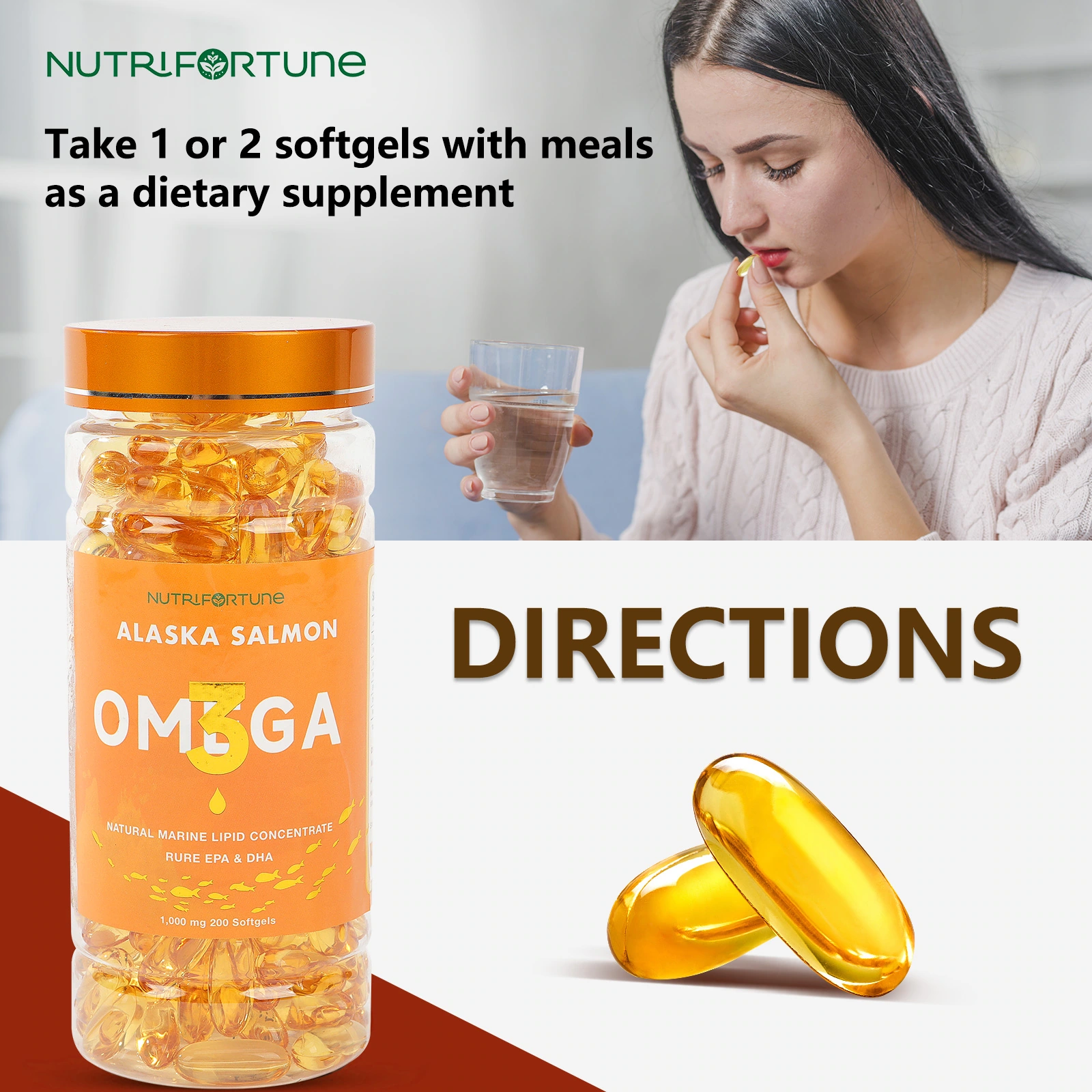 Fish oil nutritional supplement product image: Instructions for use layout: characters and packaging layered up and down