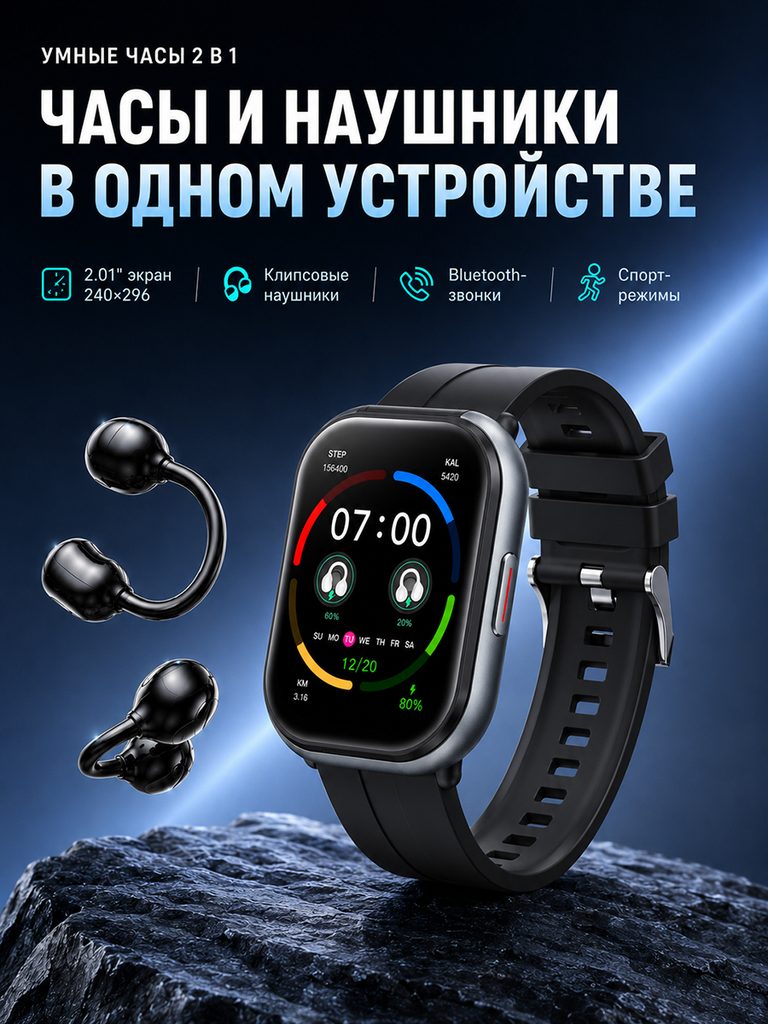 Russian product image of ear clip earphones and smart watch combination: watch and two ear clip earphones are juxtaposed on a rock background. The 2-in-1 theme and icons above illustrate screen, earphones, calls and sports.