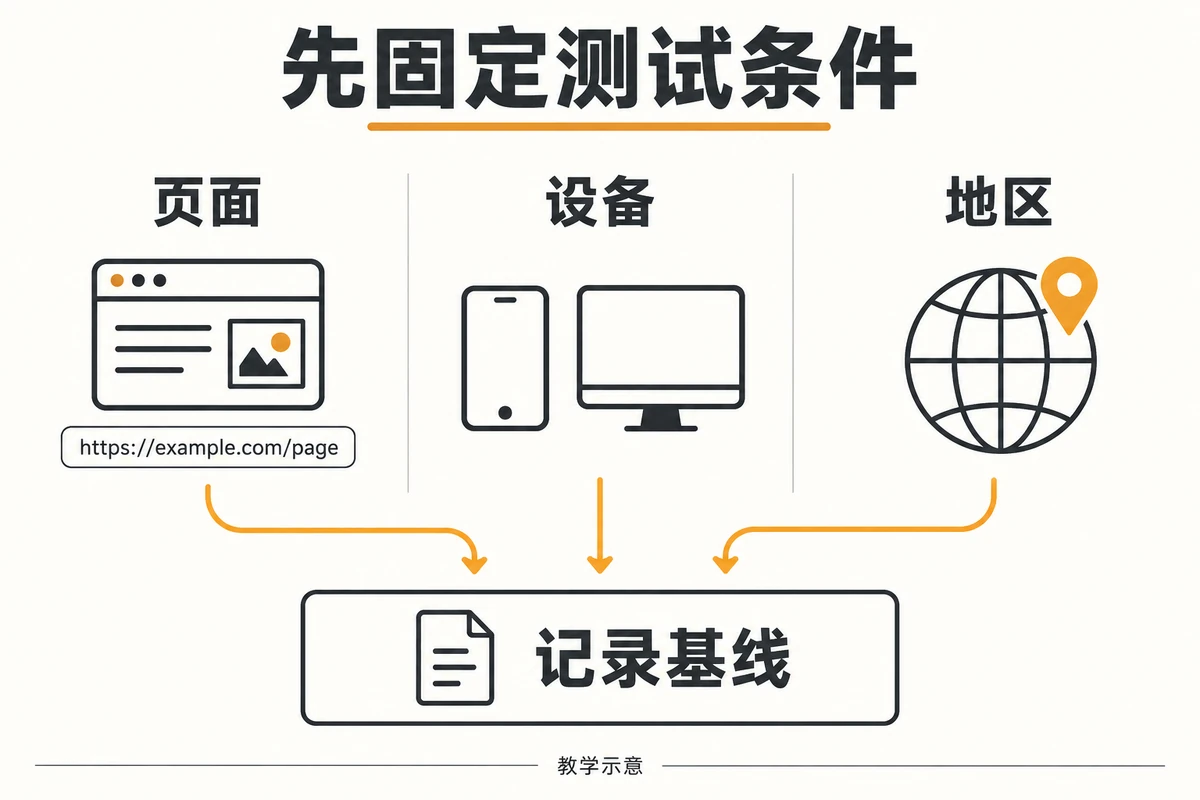 The process of recording the website speed test baseline after fixing the page, device and region