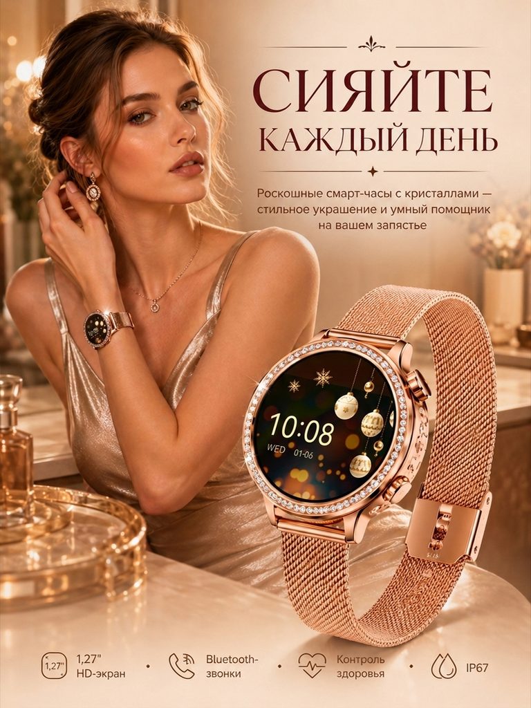 Product picture of rose gold smart watch in Russian: The watch worn by a character appears simultaneously with the enlarged version of the whole device. The warm background continues the jewelry theme, and the icons at the bottom summarize screen, call and other information.