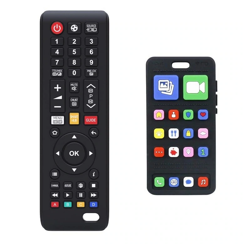 Remote control and mobile phone shaped teether: dual shapes: display two shapes side by side