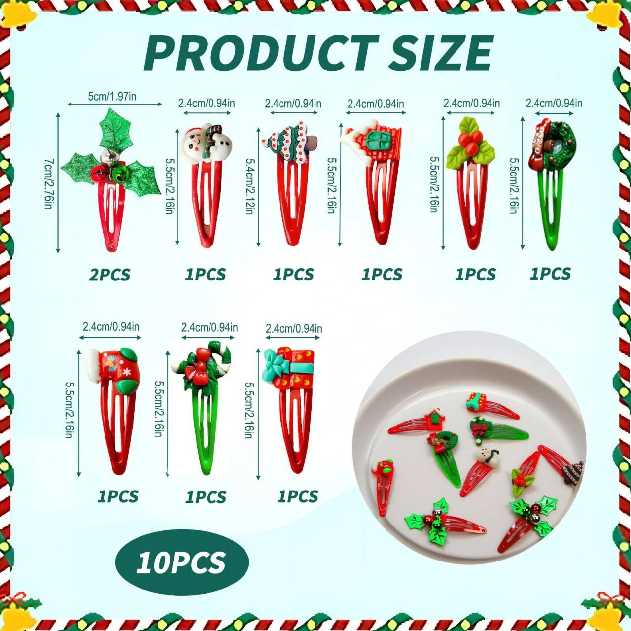 Product picture of Christmas hair clip set: size label: arranged next to the corresponding style