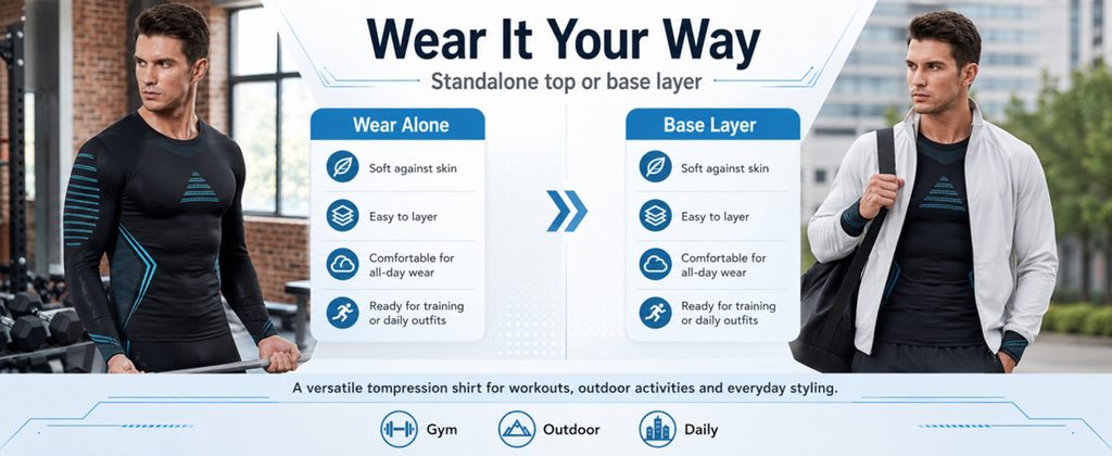 Amazon fitness clothing A+ design case-showing two ways of wearing it alone and layered